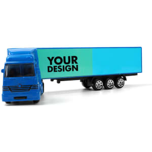 A blue alloy container truck toy with a blank surface for custom designs, featuring six wheels and a detailed cab.