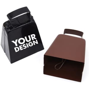 A black metal cowbell with a handle, alongside a brown open cowbell, featuring a logo on the black one.