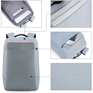 A grey RPET laptop backpack features various compartments, a textured finish, and a logo on the front.