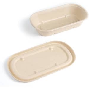 An oval biodegradable food bowl with a matching lid in a natural beige colour, featuring a simple, eco-friendly design.