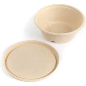 A round biodegradable food bowl in natural colour, accompanied by a matching lid. The bowl includes branding.