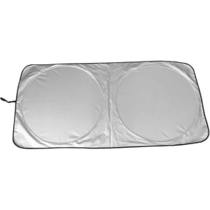 A double circle folding car sunshade in silver with a black trim and a logo.