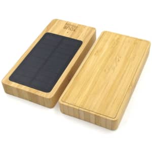 A bamboo solar power bank with a textured black solar panel on top. It features a smooth bamboo exterior and a logo.