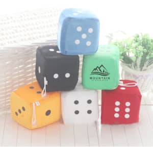 Soft, fuzzy car dice in various colours: blue, green, black, orange, white, and red, featuring white dots and a logo.