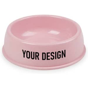 A pink pet food bowl with a smooth interior and a branding logo, designed for customisation.