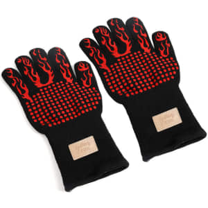 Heat resistant gloves in black with red flame patterns and dotted grip. Features a brand logo on the wrist section.