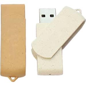 A 32GB wheat straw USB flash drive in beige and cream colours, featuring a simple design and a logo.