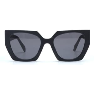 Biodegradable wheat straw sunglasses in a stylish black design with dark lenses, featuring a logo on the side.