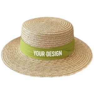 A straw sun hat featuring a wide brim and a green band for design, made from wheat straw material.