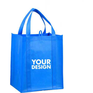 A blue RPET non-woven shopping tote bag with two handles and a logo.