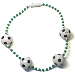 A LED soccer ball bead necklace featuring green beads and small white soccer ball charms.