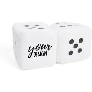 Mini fuzzy dice in white with black dots and a logo, featuring a personalised design area on one die.