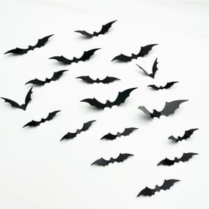 A collection of black 3D bat decals in various sizes for Halloween decoration. Ideal for fun and games.