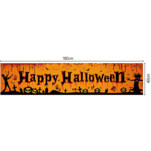 A Halloween banner featuring orange and black colours, with silhouettes of pumpkins, gravestones, and a witch.
