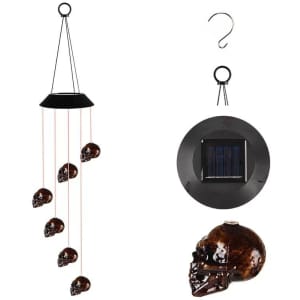 A black LED solar wind chime featuring five brown skulls, complete with a mounting hook and solar panel.