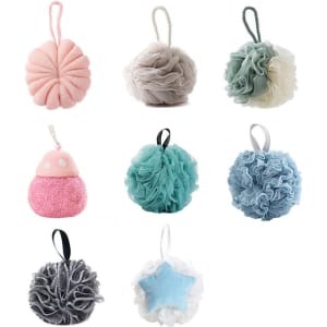 A collection of flower-shaped shower balls in various colours, including pink, grey, blue, and white, with hanging loops.