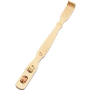 A bamboo back scratcher featuring two massage rollers, showcasing a natural finish and a logo.