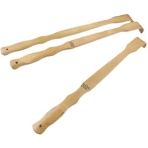 A bamboo back scratcher featuring three long, slender wooden handles. The product has a natural wood finish.