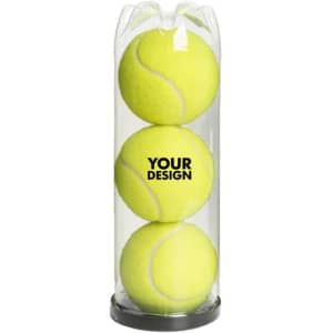 Three bright yellow tennis balls packaged in a clear cylindrical container, featuring a logo on the front.