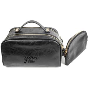 A black PU cosmetic bag set with gold zippers and a separate smaller pouch, featuring a logo.