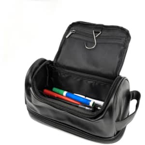 A black PU leather double layer toiletry bag with a zippered compartment and several pens inside.