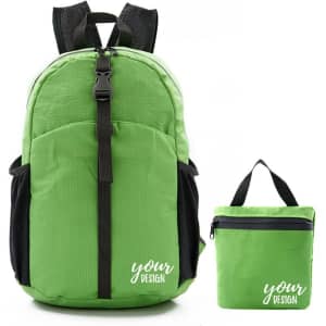 A green lightweight packable hiking backpack is displayed alongside a compact carry pouch. The backpack features black accents and a logo.