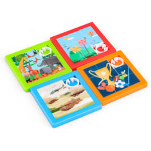Four colourful plastic slide puzzles in green, red, orange, and blue featuring various playful designs.