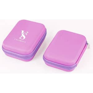 A pink essential oil carrying case with a logo, featuring two zippered compartments.
