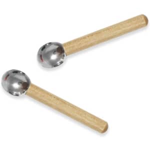 A metal eye roller massage stick with a wooden handle, featuring a shiny silver massage ball.