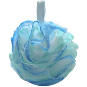 A large shower ball in soft blue and aqua tones, featuring a hanging loop for easy storage.