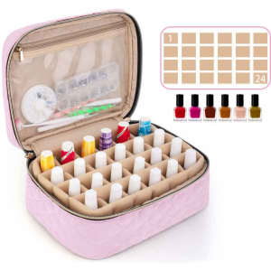 A pink essential oil carrying case with a quilted exterior, featuring multiple compartments for bottles and accessories.