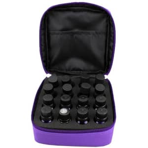 A purple portable carrying case for 15ml essential oil bottles with a zippered closure and interior compartments.