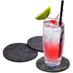 A drink bottle sits on a grey round felt coaster, with two additional coasters beside it.