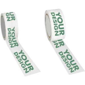 Custom transparent packing tape with a white background and green text. Features a design area and includes branding.