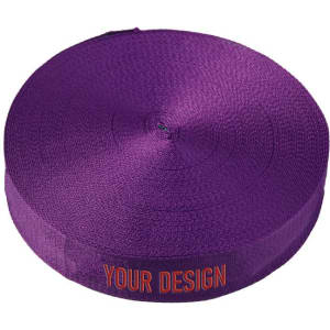 A roll of custom polyester jacquard binding webbing in vibrant purple, featuring an area for custom design.