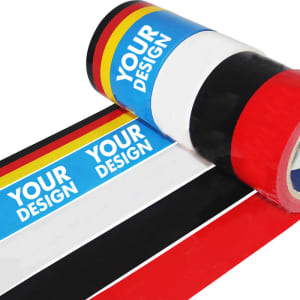 Custom sealing tape in red, white, black, and blue with a design placeholder and a logo.