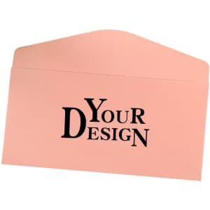 A pink envelope featuring customisable design options, with bold black text. Includes a logo.