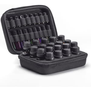 A black essential oils carrying case with elastic loops for organising up to 30 bottles securely inside.