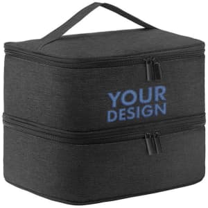 A double-layer black nail polish organiser case featuring a handle and zippered compartments, with a branding logo.