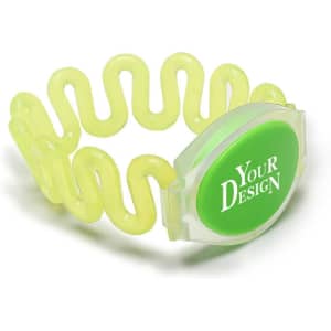 A yellow spiral plastic RFID ID bracelet with a green circular section featuring a logo.