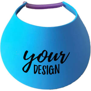 A blue foam sun visor with a purple coil, featuring space for custom designs.