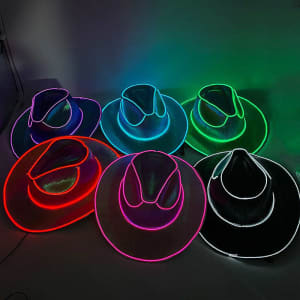 A set of six LED holographic cowboy party hats in vibrant colours, including pink, blue, and green, featuring glowing edges.