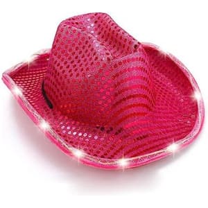 A pink LED sequin cowboy hat with a mesh design and illuminated accents. Features a logo.