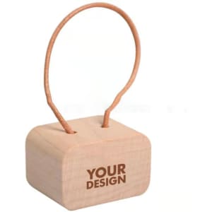A wooden essential oil bottle cap with a curved leather loop. It features a placeholder for custom design.