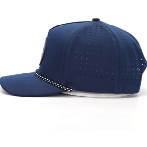 A navy blue cap with a mesh back and decorative rope detailing along the brim, featuring a logo.
