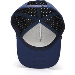 A navy blue mesh back rope cap featuring a dotted lining inside and a logo on the exterior.