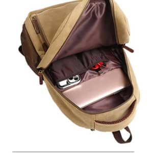A large capacity leisure backpack in tan with a spacious interior featuring compartments for a laptop and phone.