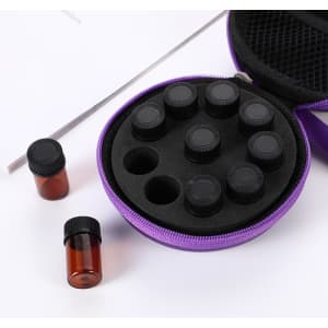 A round purple essential oil carrying case with compartments for ten black caps and two amber bottles.