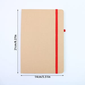 A5 kraft paper notebook in a natural brown colour, featuring a red elastic band for closure and dimensions marked.