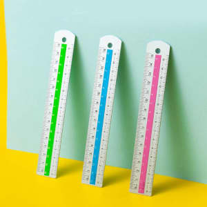 Three 6-inch aluminium alloy rulers in green, blue, and pink, featuring measurement markings and a hole for hanging.